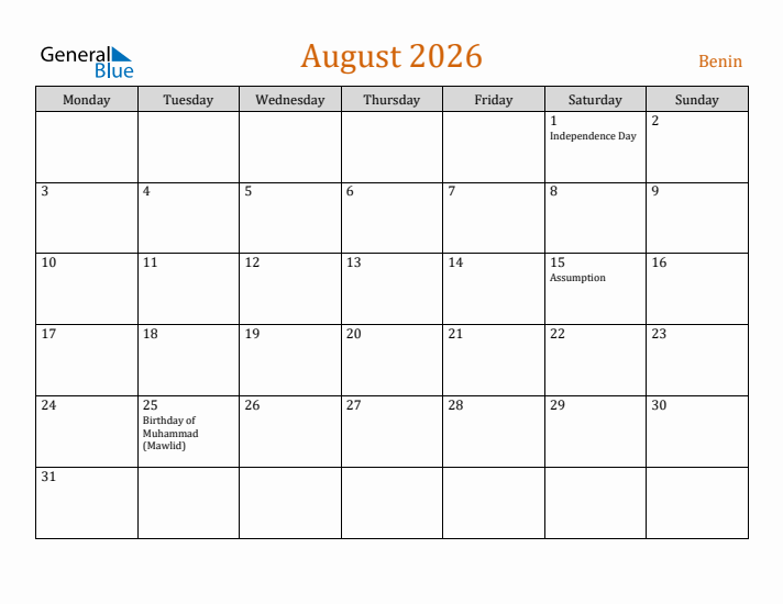 August 2026 Holiday Calendar with Monday Start