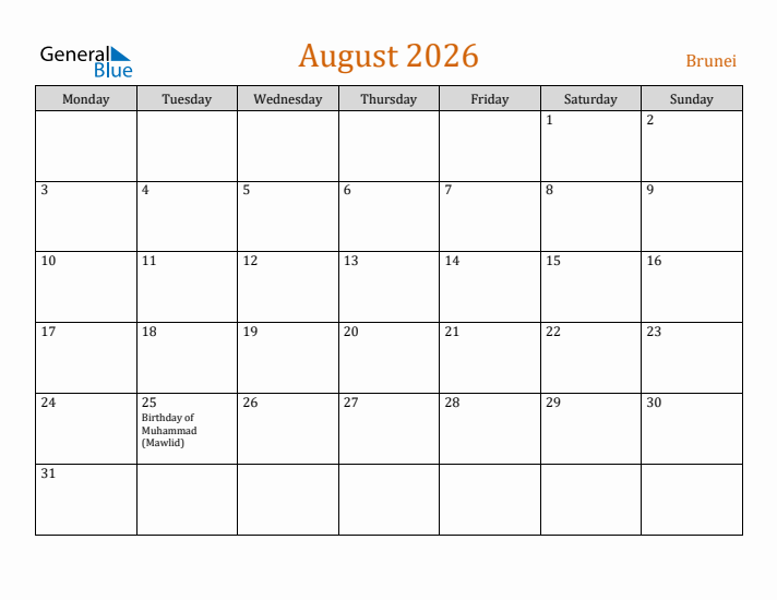 August 2026 Holiday Calendar with Monday Start