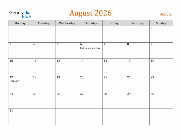 August 2026 Holiday Calendar with Monday Start