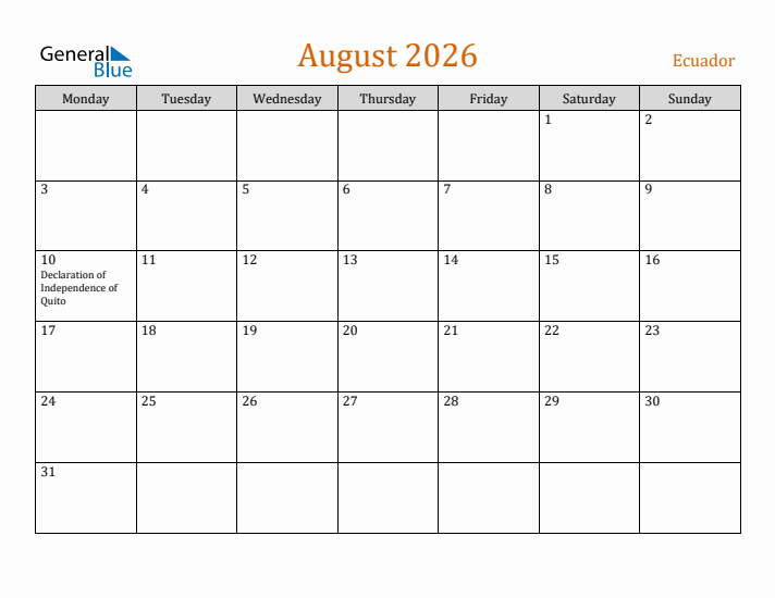 August 2026 Holiday Calendar with Monday Start