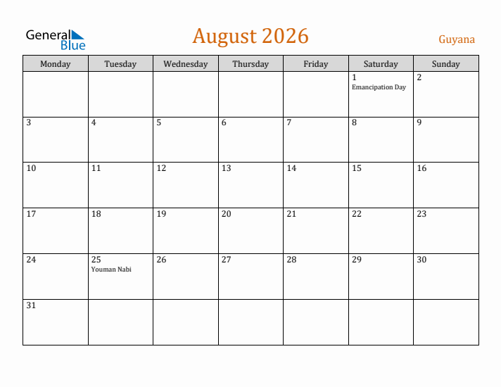 August 2026 Holiday Calendar with Monday Start