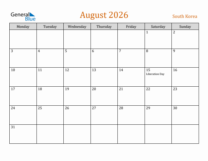 August 2026 Holiday Calendar with Monday Start