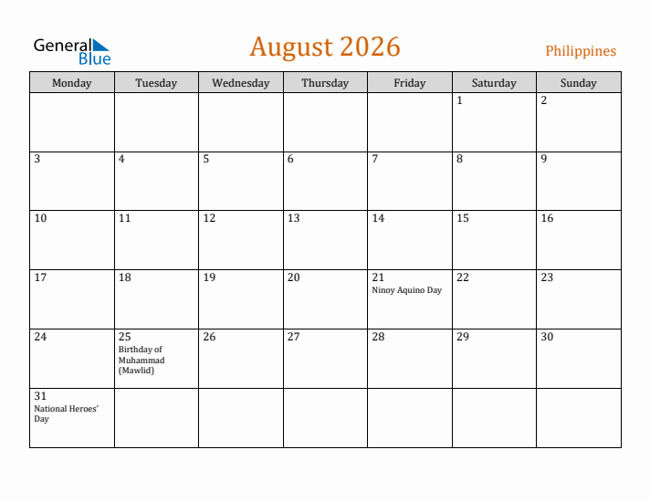 August 2026 Holiday Calendar with Monday Start