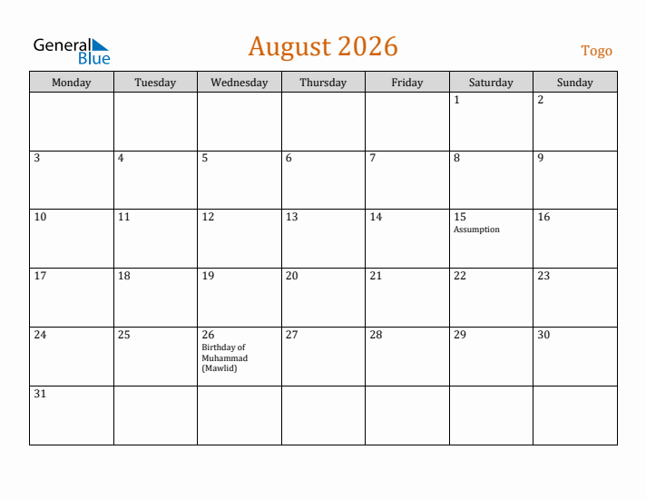 August 2026 Holiday Calendar with Monday Start