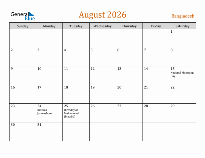 August 2026 Holiday Calendar with Sunday Start