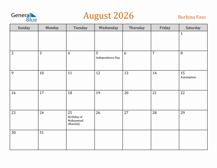 August 2026 Holiday Calendar with Sunday Start