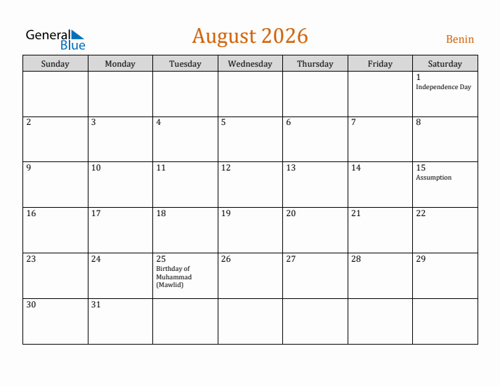 August 2026 Holiday Calendar with Sunday Start