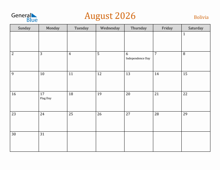 August 2026 Holiday Calendar with Sunday Start