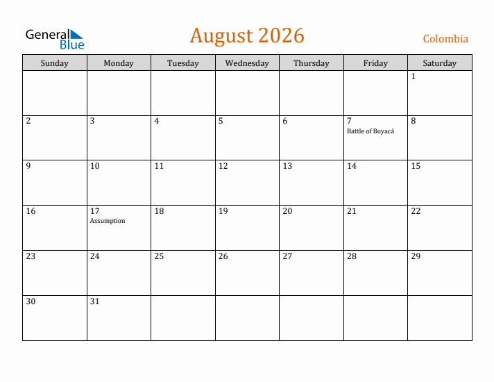 August 2026 Holiday Calendar with Sunday Start