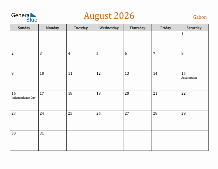 August 2026 Holiday Calendar with Sunday Start