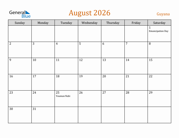 August 2026 Holiday Calendar with Sunday Start