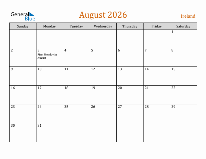 August 2026 Holiday Calendar with Sunday Start