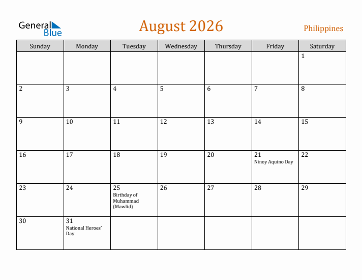 August 2026 Holiday Calendar with Sunday Start