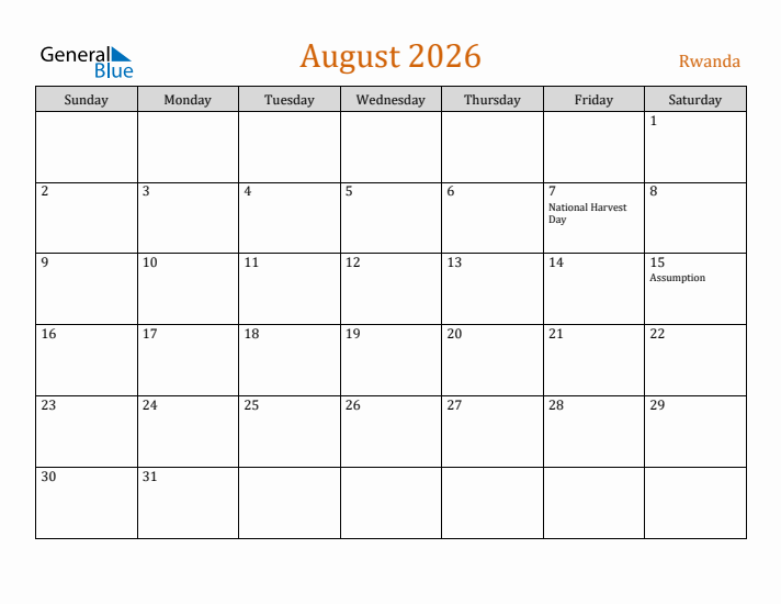 August 2026 Holiday Calendar with Sunday Start