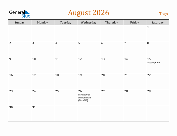 August 2026 Holiday Calendar with Sunday Start