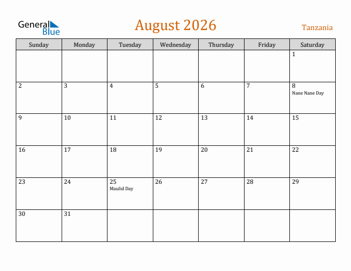 August 2026 Holiday Calendar with Sunday Start