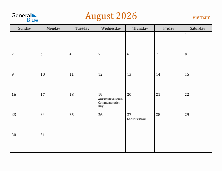 August 2026 Holiday Calendar with Sunday Start