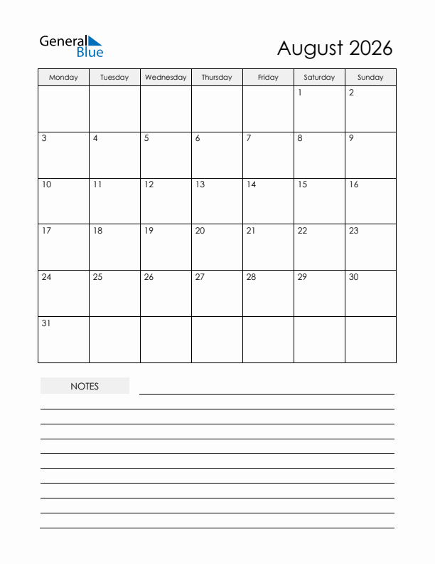 Printable Calendar with Notes - August 2026 