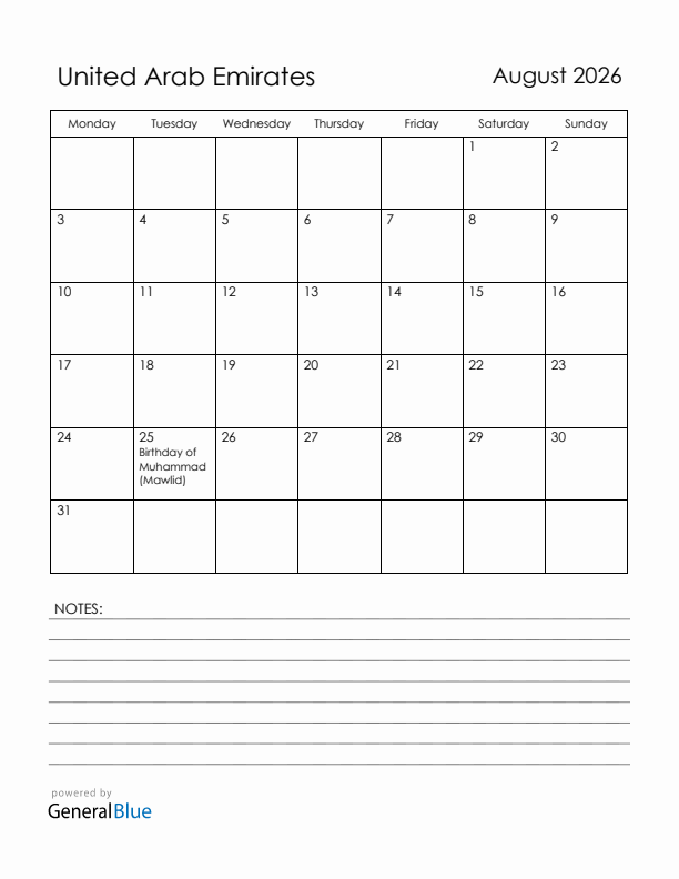 August 2026 United Arab Emirates Calendar with Holidays (Monday Start)