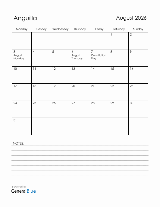 August 2026 Anguilla Calendar with Holidays (Monday Start)