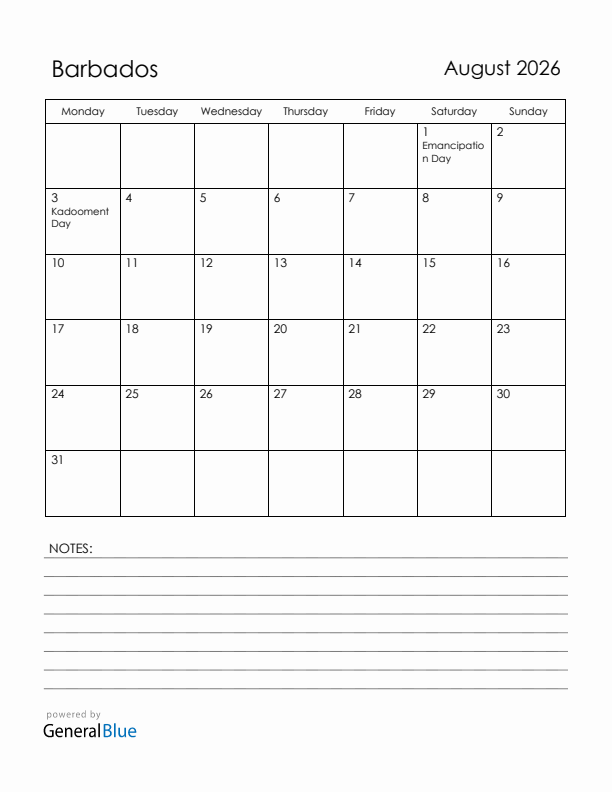 August 2026 Barbados Calendar with Holidays (Monday Start)