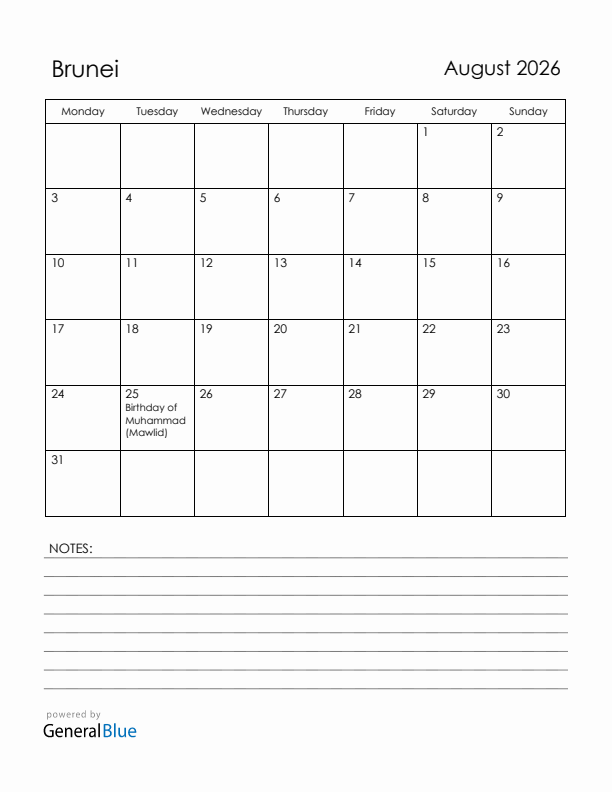 August 2026 Brunei Calendar with Holidays (Monday Start)