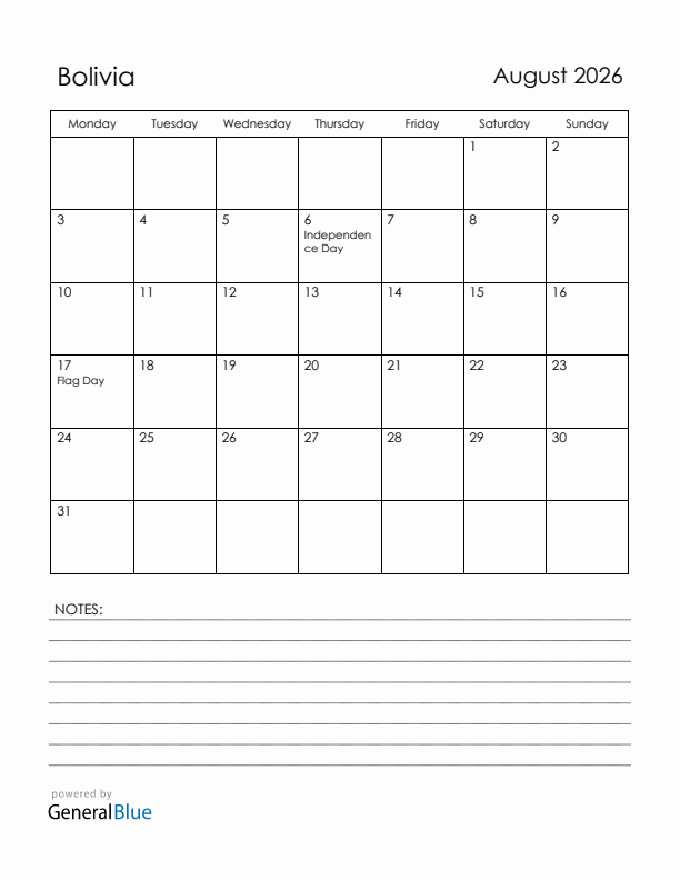 August 2026 Bolivia Calendar with Holidays (Monday Start)