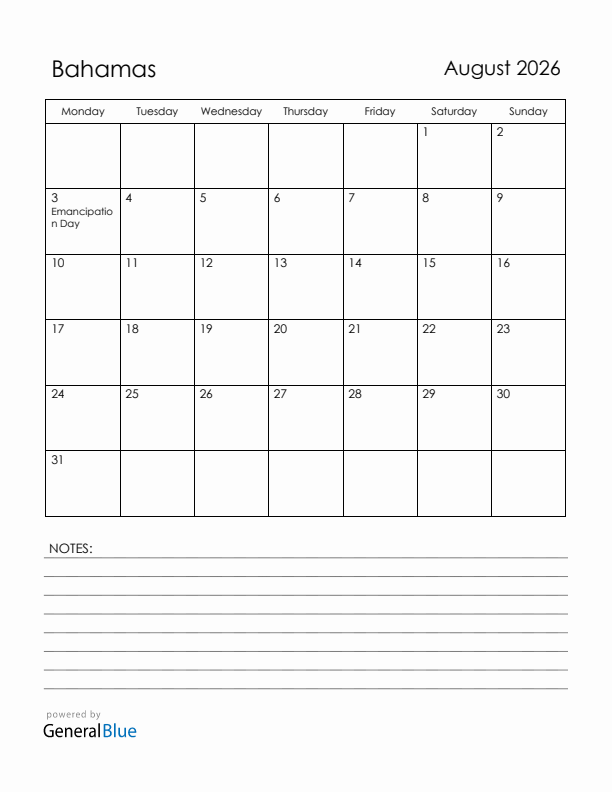 August 2026 Bahamas Calendar with Holidays (Monday Start)