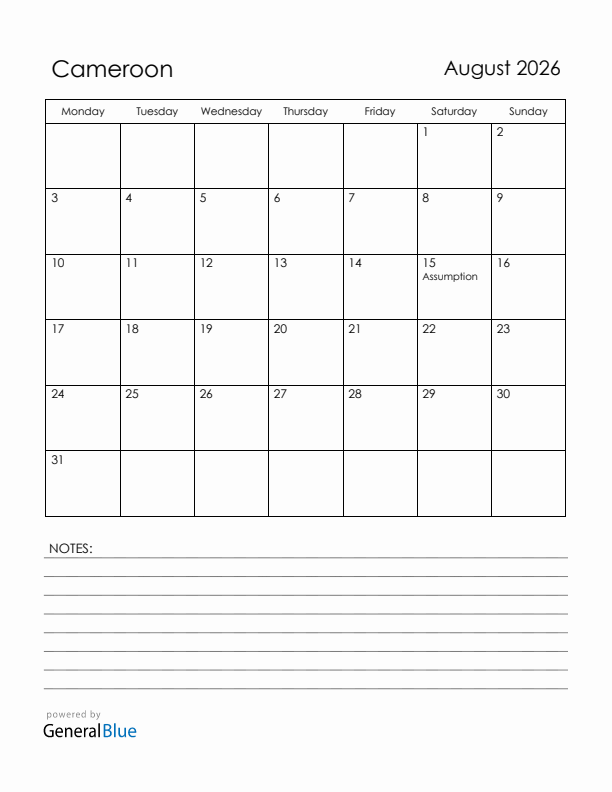 August 2026 Cameroon Calendar with Holidays (Monday Start)