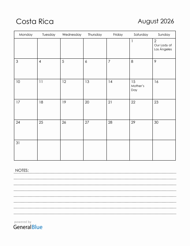 August 2026 Costa Rica Calendar with Holidays (Monday Start)