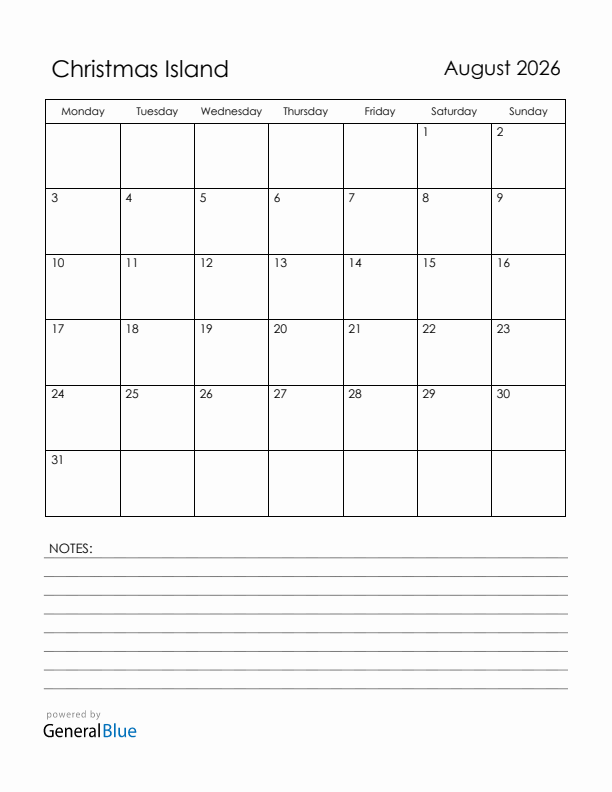 August 2026 Christmas Island Calendar with Holidays (Monday Start)