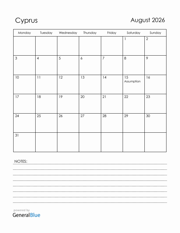 August 2026 Cyprus Calendar with Holidays (Monday Start)