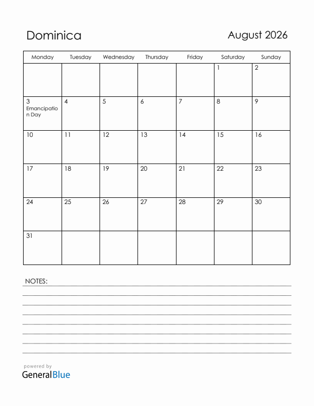 August 2026 Dominica Calendar with Holidays (Monday Start)