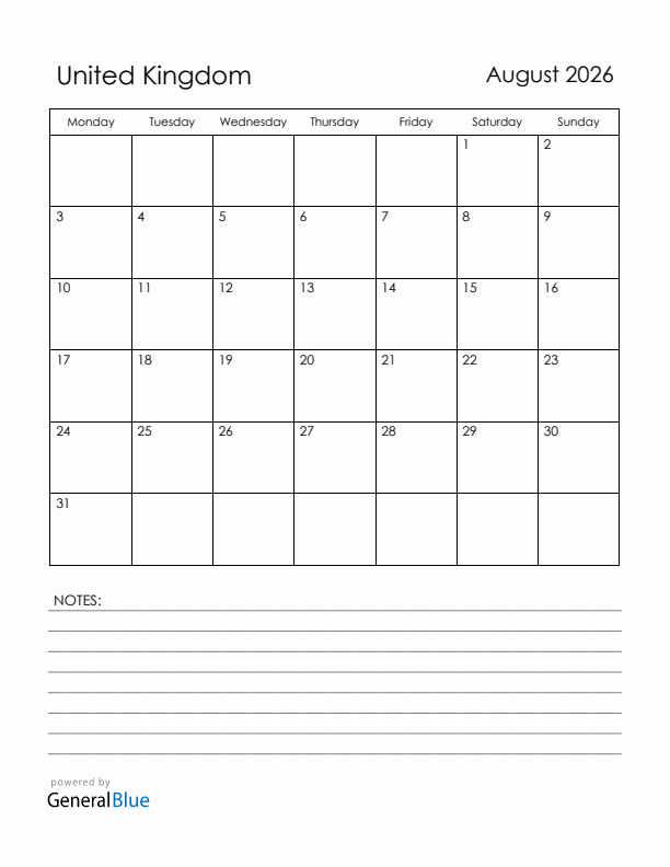 August 2026 United Kingdom Calendar with Holidays (Monday Start)