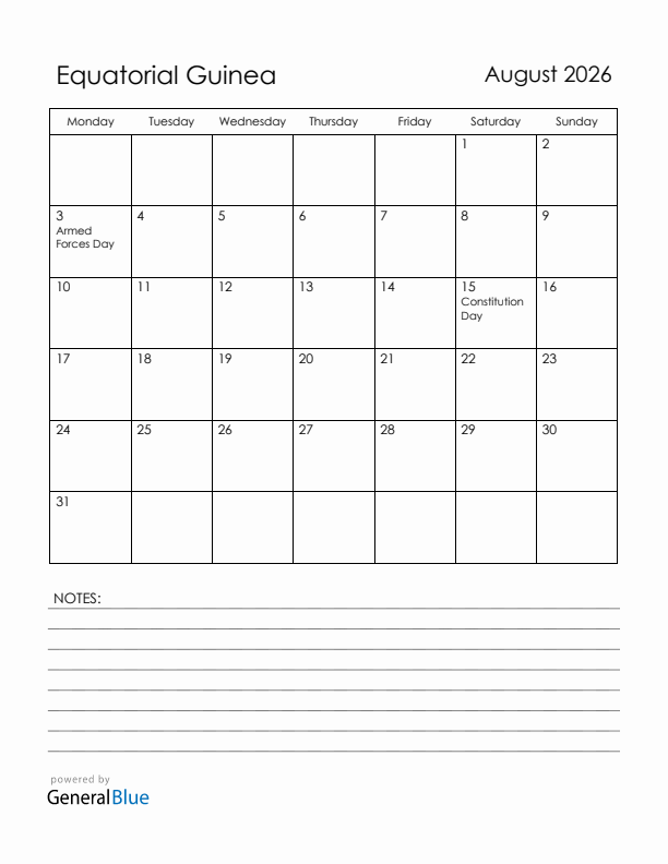 August 2026 Equatorial Guinea Calendar with Holidays (Monday Start)