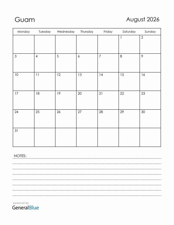 August 2026 Guam Calendar with Holidays (Monday Start)