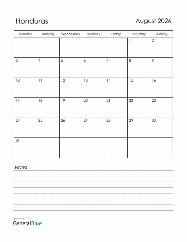 August 2026 Honduras Calendar with Holidays (Monday Start)