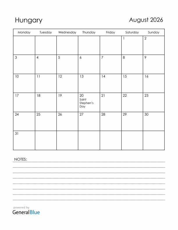 August 2026 Hungary Calendar with Holidays (Monday Start)