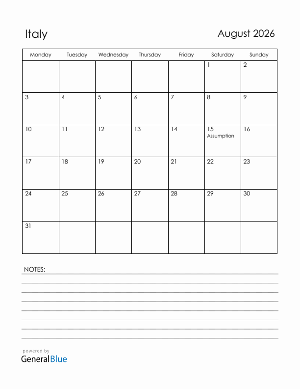 August 2026 Italy Calendar with Holidays (Monday Start)