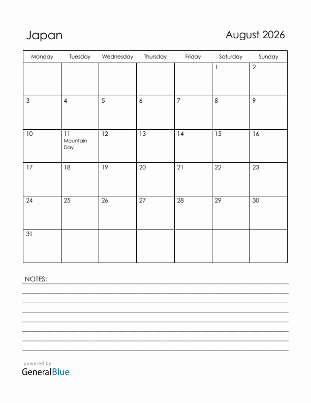 August 2026 Japan Calendar with Holidays (Monday Start)