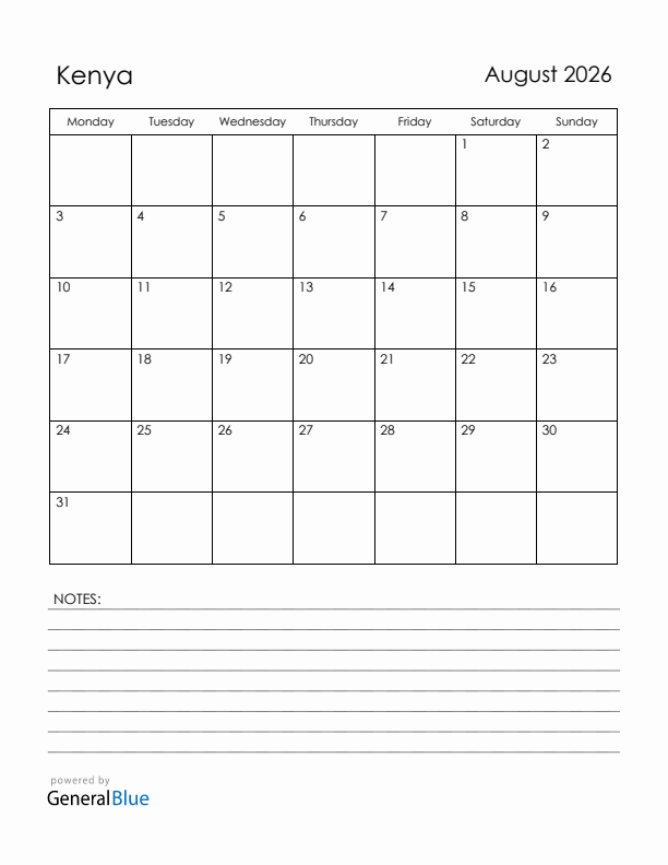 August 2026 Kenya Calendar with Holidays (Monday Start)