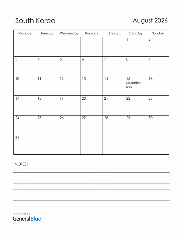 August 2026 South Korea Calendar with Holidays (Monday Start)