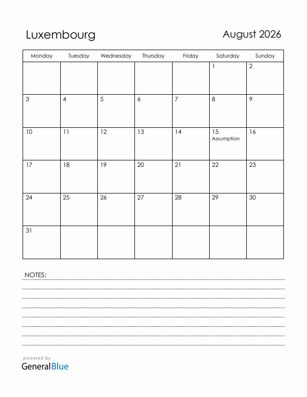 August 2026 Luxembourg Calendar with Holidays (Monday Start)