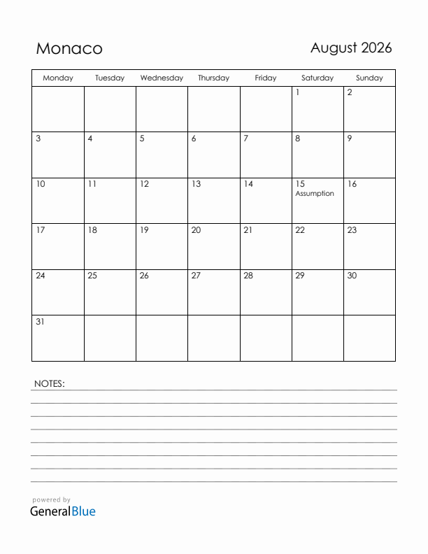 August 2026 Monaco Calendar with Holidays (Monday Start)