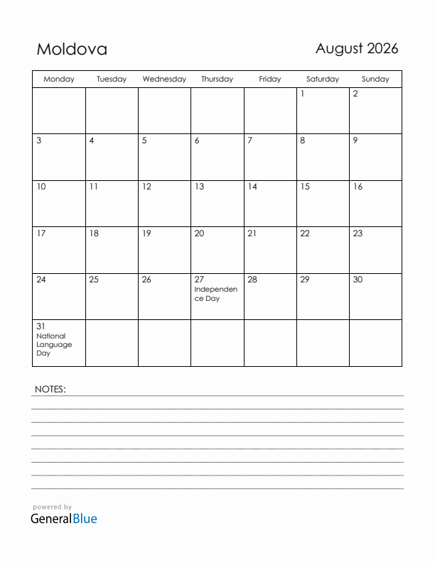 August 2026 Moldova Calendar with Holidays (Monday Start)