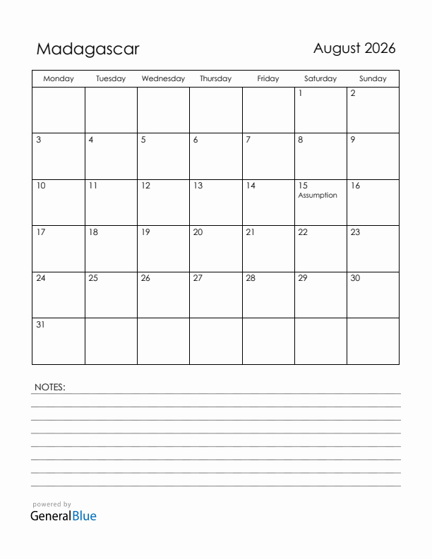 August 2026 Madagascar Calendar with Holidays (Monday Start)