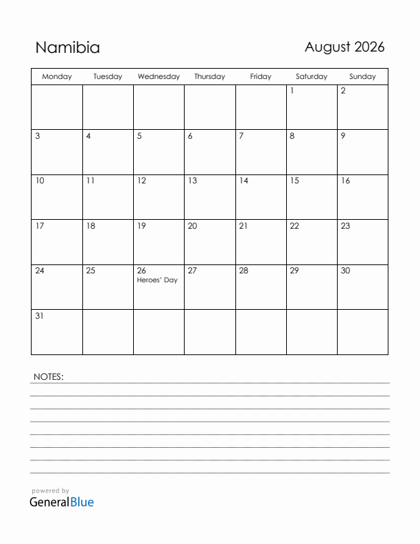 August 2026 Namibia Calendar with Holidays (Monday Start)