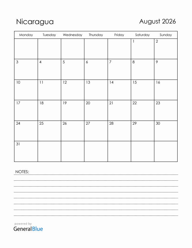 August 2026 Nicaragua Calendar with Holidays (Monday Start)