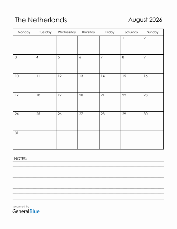 August 2026 The Netherlands Calendar with Holidays (Monday Start)
