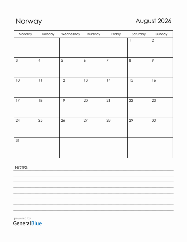 August 2026 Norway Calendar with Holidays (Monday Start)